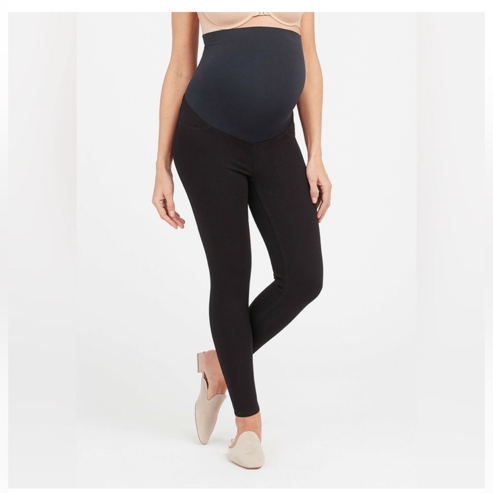 SPANX Black Leggings with Navy Overbump Panel